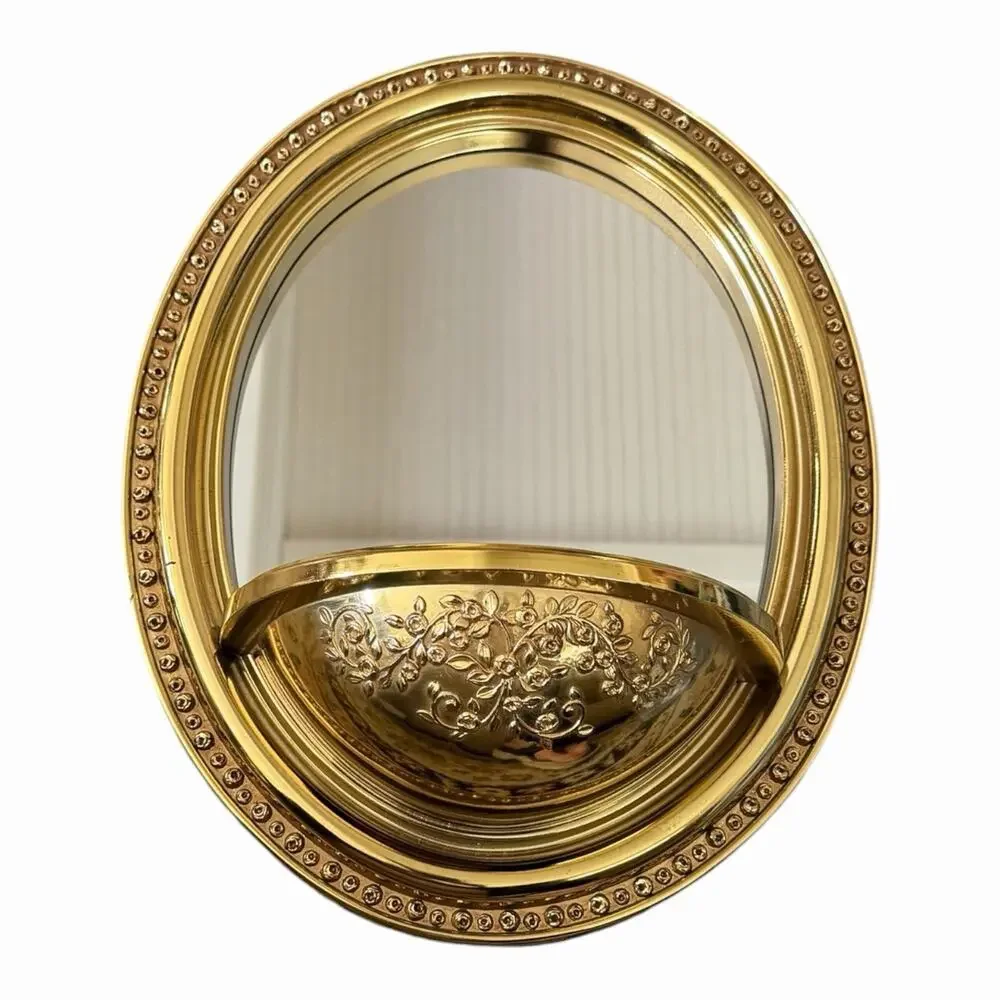 Vintage 1980’s Syroco Oval Wall Mirror With Planter Pocket Ornate Gold Frame